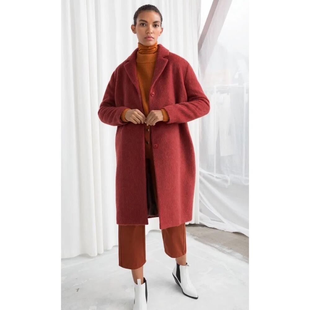 & Other Stories Red Wool Blend Long Coat Size 0 XS Relaxed Fit Mohair Blend